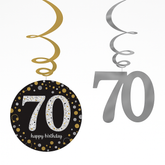 Sparkling Celebration 70th Birthday Swirl Decorations - Metallic Gold, Silver, and Black